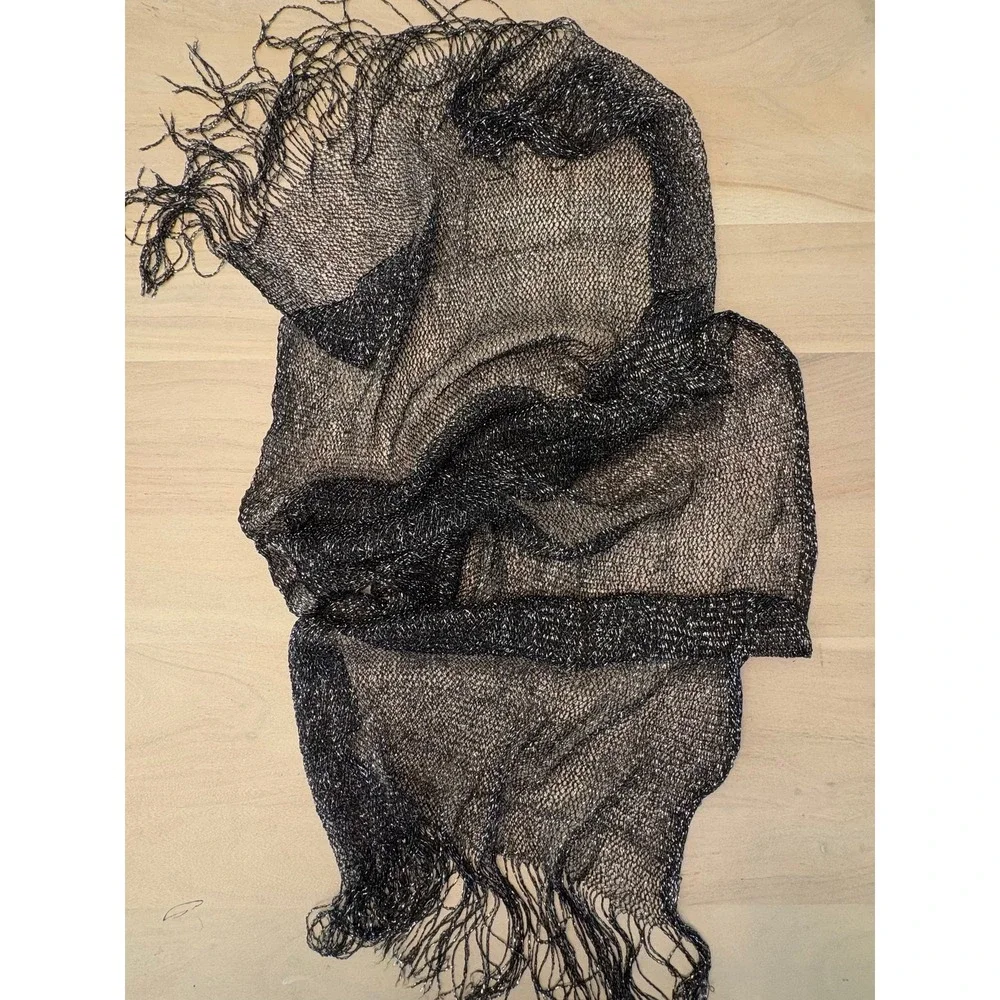 Black Silver Metallic Sparkle Open Weave Mesh Fringe Scarf Wrap Shawl festival